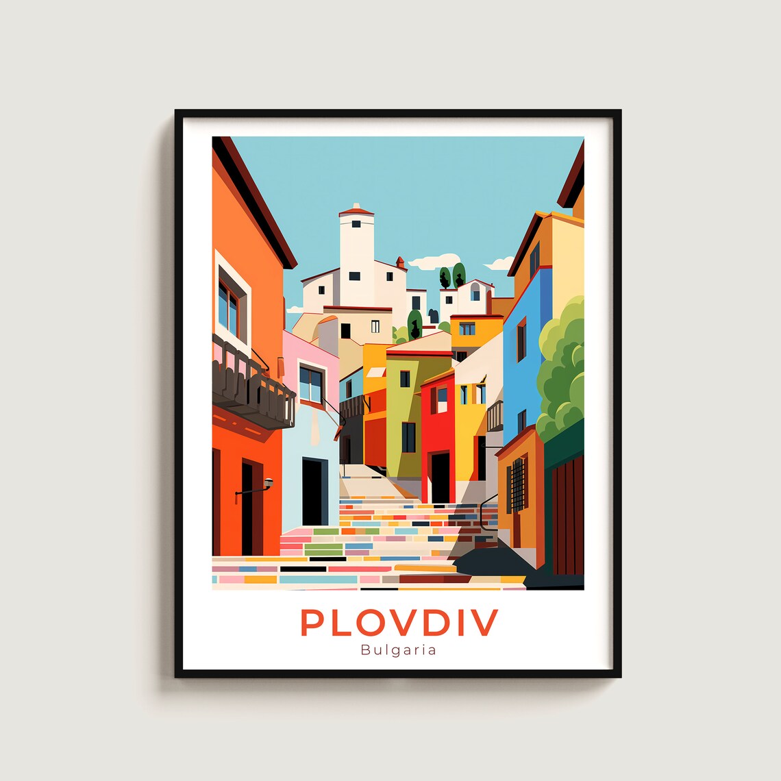 Plovdiv Bulgaria Old Town Colorful Houses Cobblestone Travel Poster