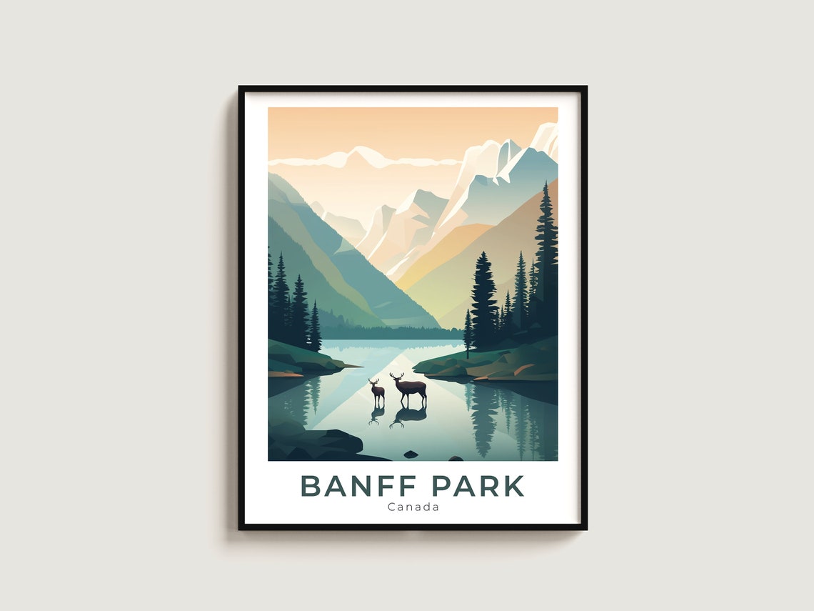 Banff Park Canada Mountain Lake Deer Scenic Morning Travel Poster