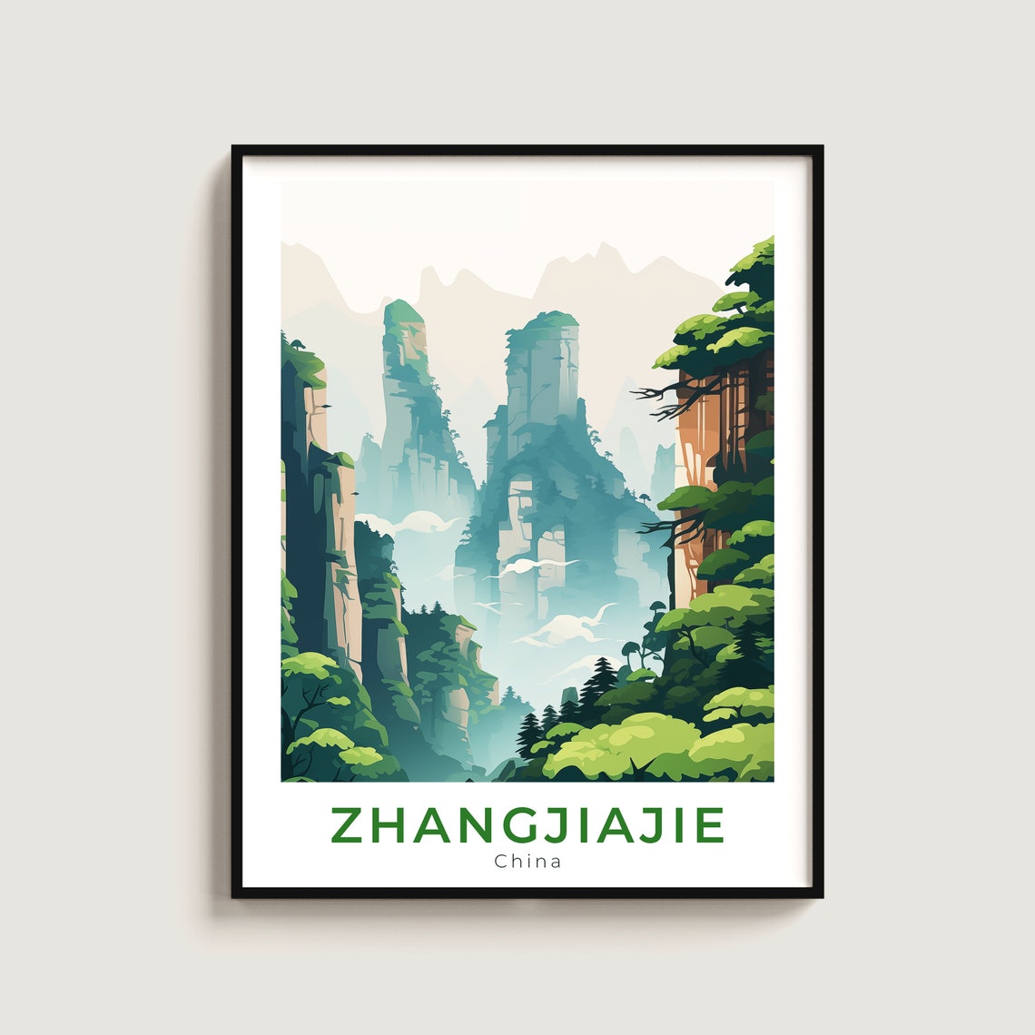 Zhangjiajie China Misty Peaks Travel Poster for Green Mountain Art