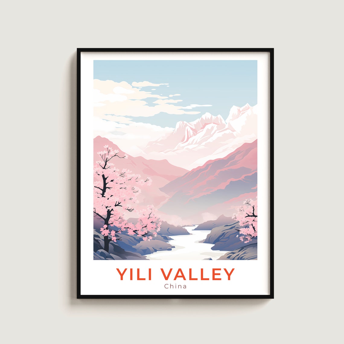 Yili Valley China Blossom Travel Poster for Pink Spring Nature Decor
