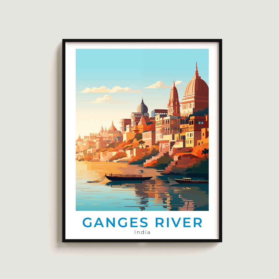 Ganges River India Varanasi Ghats Boats Sunrise Travel Poster