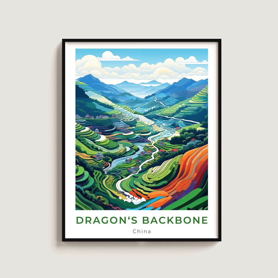 Dragons Backbone China Rice Terraces Valley Vintage Travel Poster