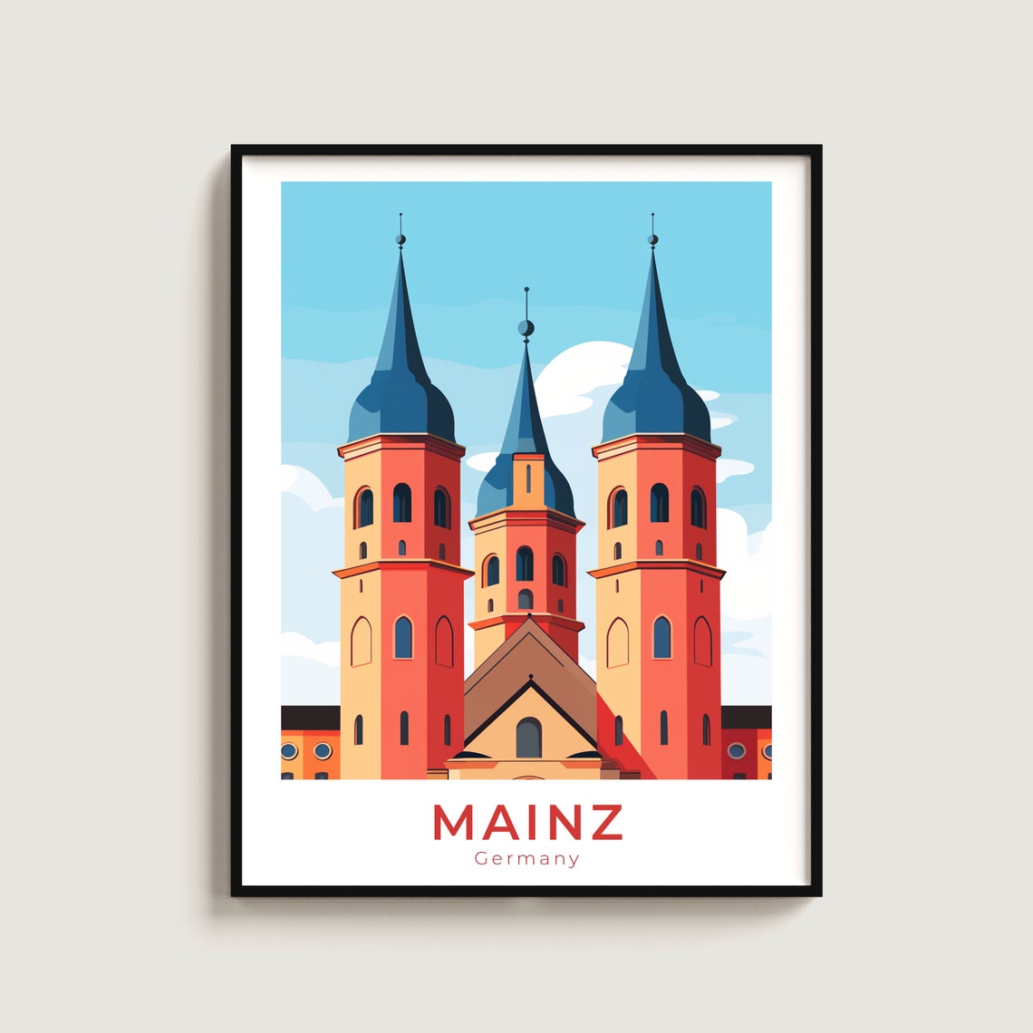 Mainz Germany Cathedral Twin Red Towers Blue Domes Travel Poster