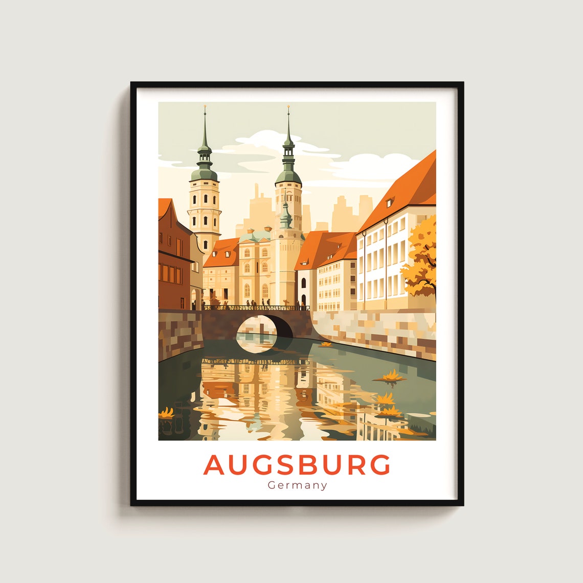 Augsburg Germany Church Towers Canal Reflection Sunset Travel Poster