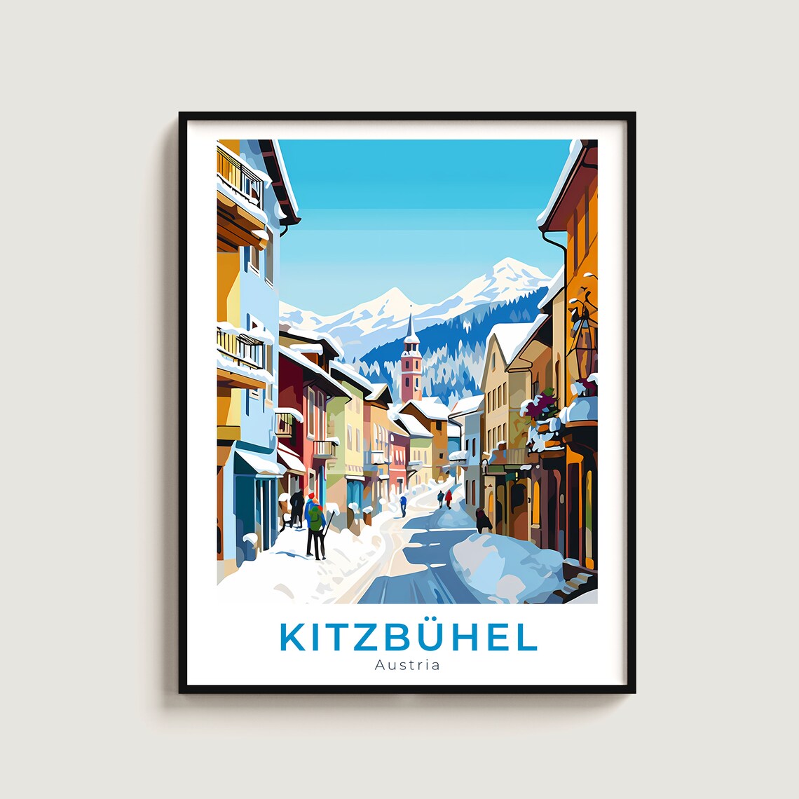 Kitzbühel Austria Snowy Street Poster Winter Village Scene Art