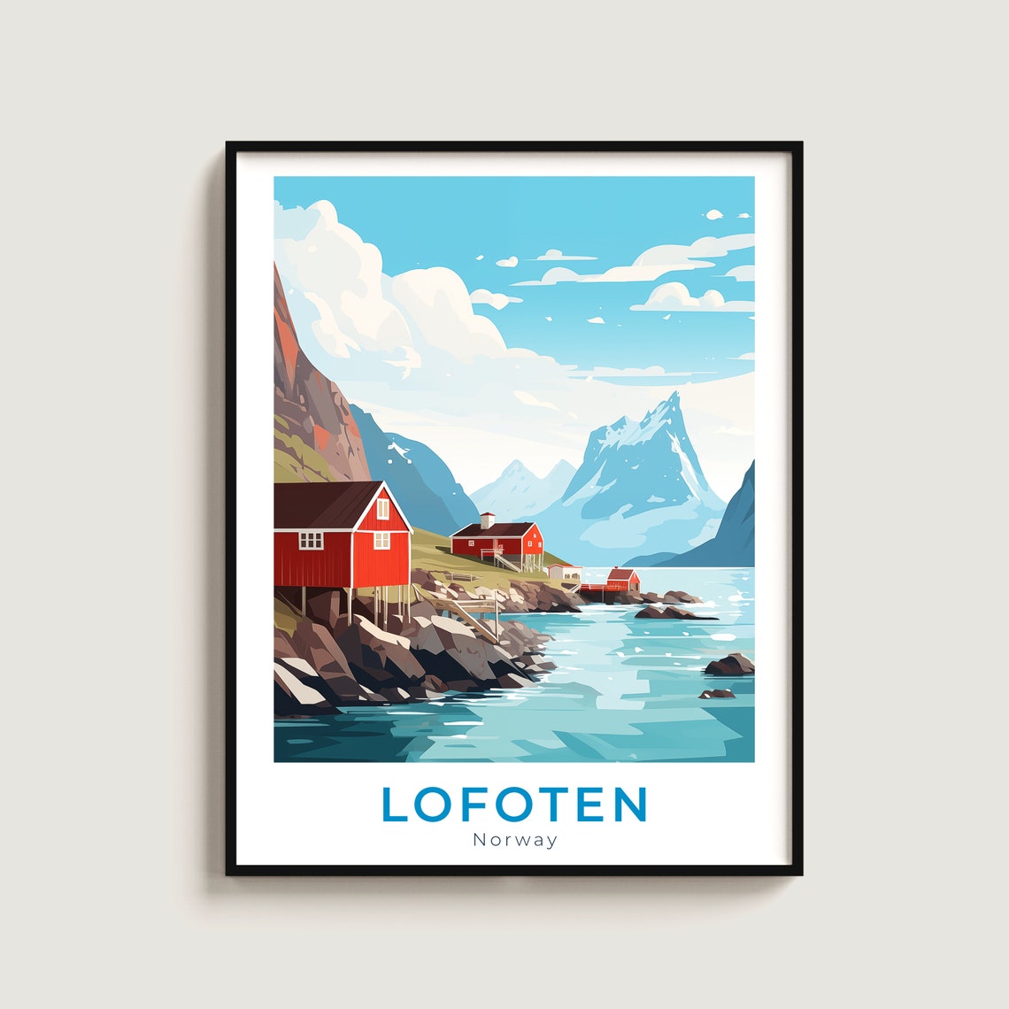 Lofoten Norway Red Cabins Poster Arctic Coastline Scene Art Decor