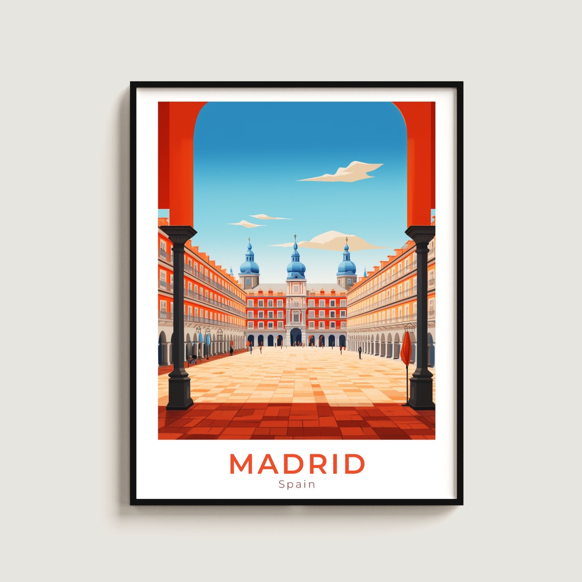 Madrid Plaza Mayor Red Arcades Blue Domes Historic Square Poster