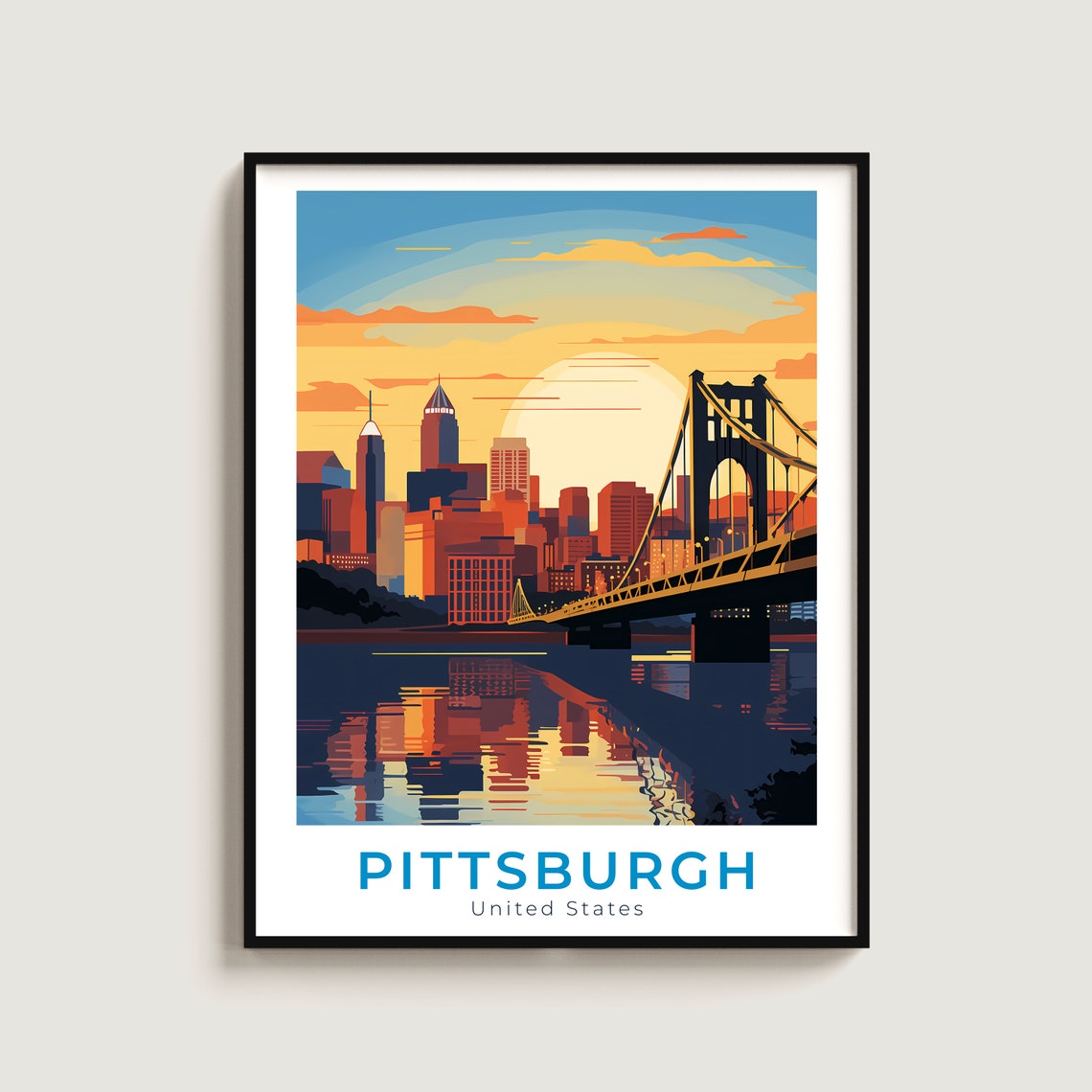 Pittsburgh Pennsylvania Sunset Skyline Suspension Bridge Poster