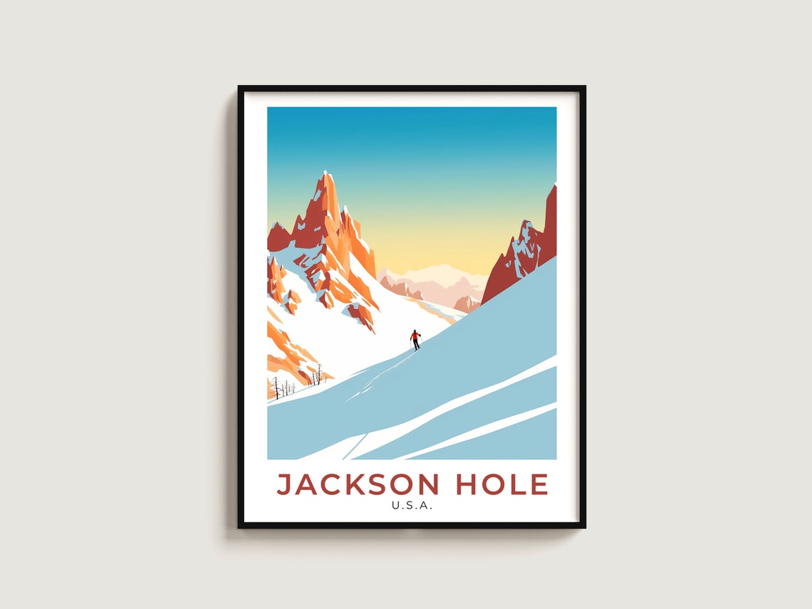 Jackson Hole USA Orange Rock Spires Lone Skier Ski Travel Poster