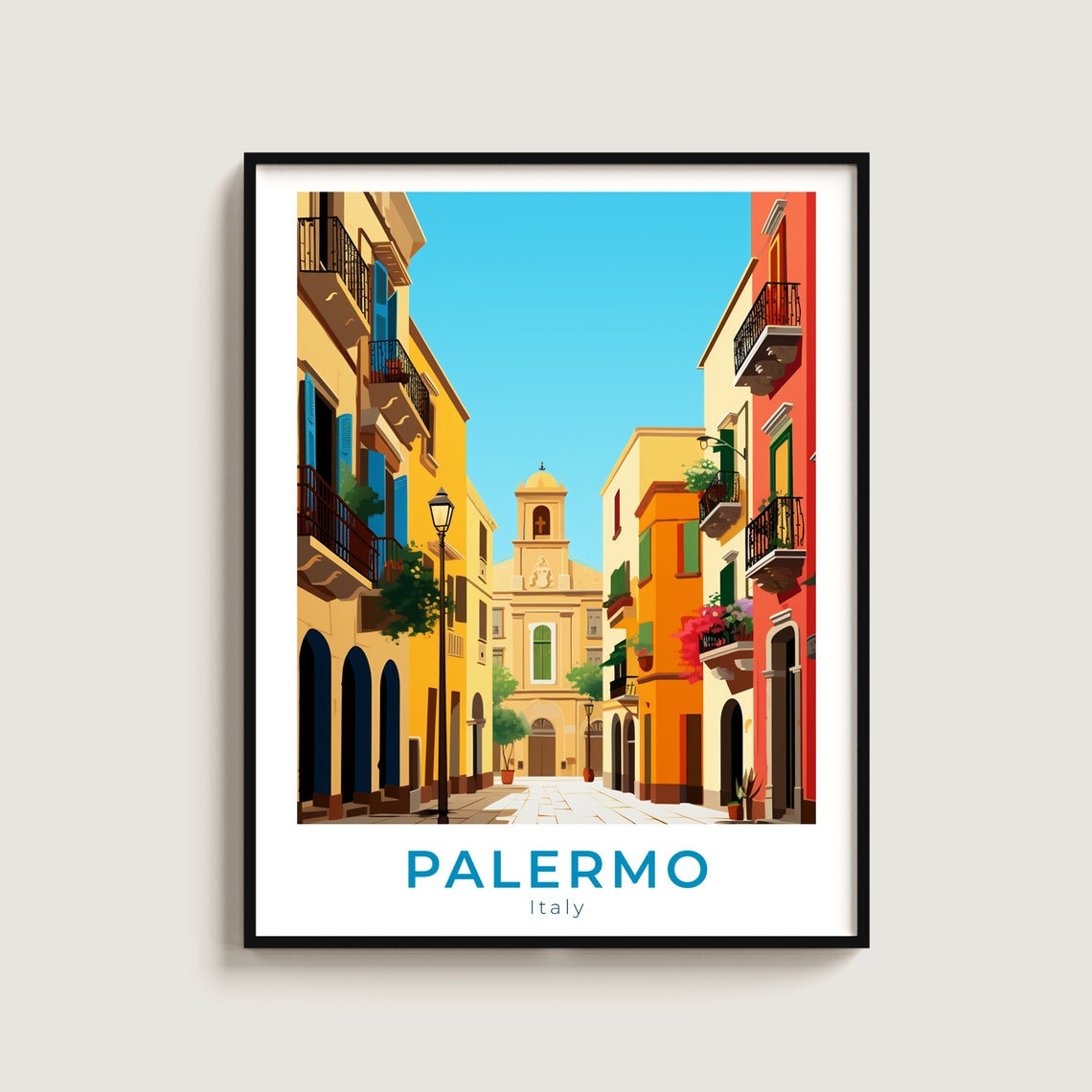 Palermo Italy Colorful Street With Church Tower Old Town Poster
