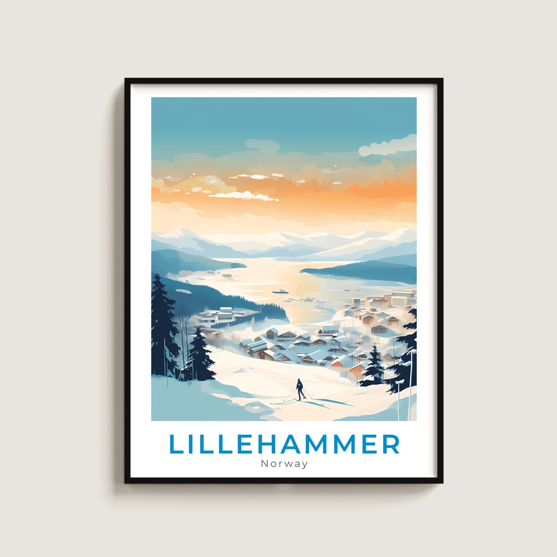 Lillehammer Norway Sunset Lake Lone Skier Winter Travel Poster