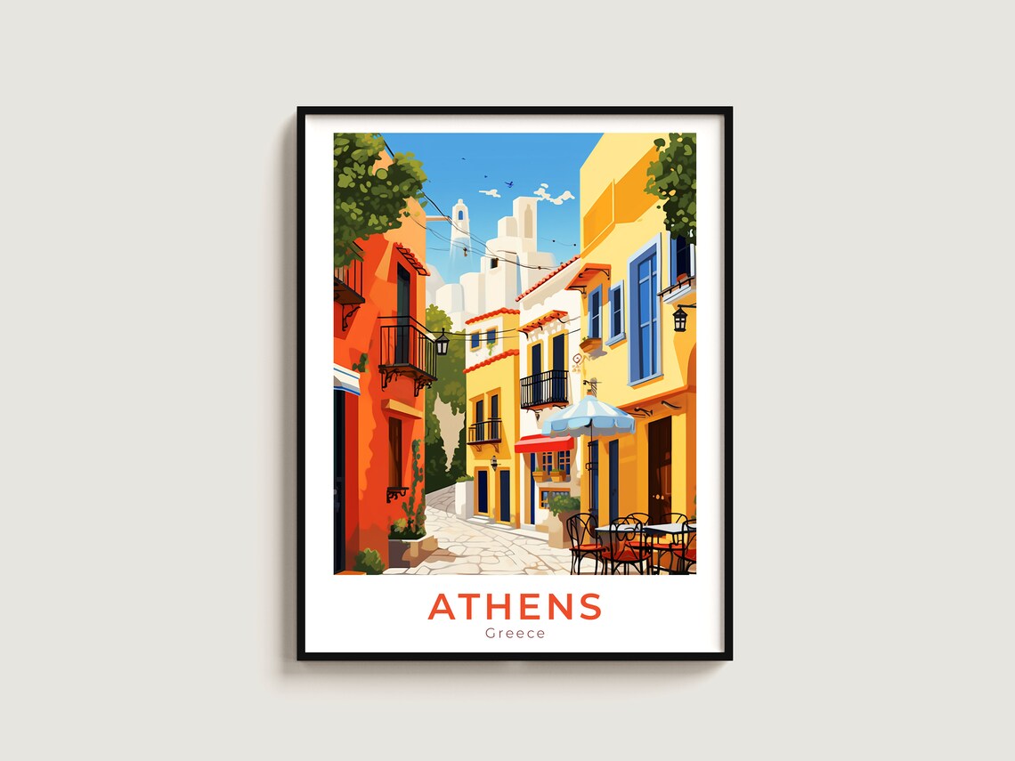 Athens Greece Colorful Old Town Street Cafe Scene Travel Poster