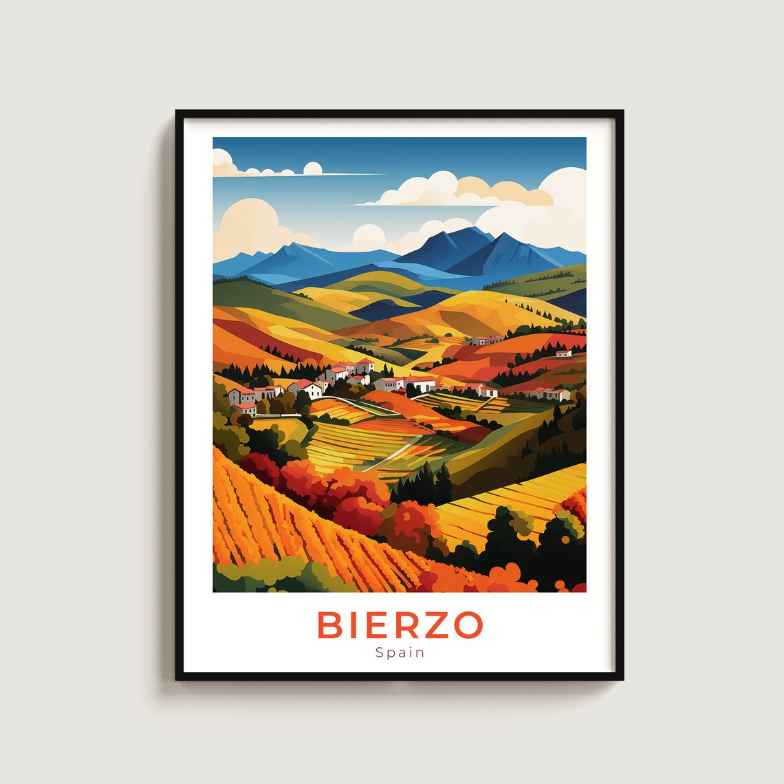 Bierzo Spain Travel Poster Autumn Vineyards Mountain Landscape