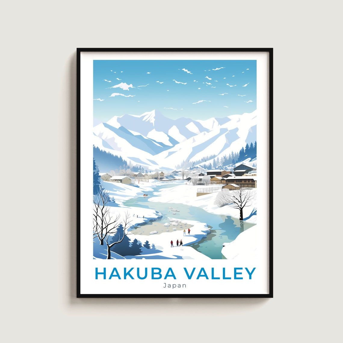Hakuba Valley Japan Snowy Mountains River Village Travel Poster Art