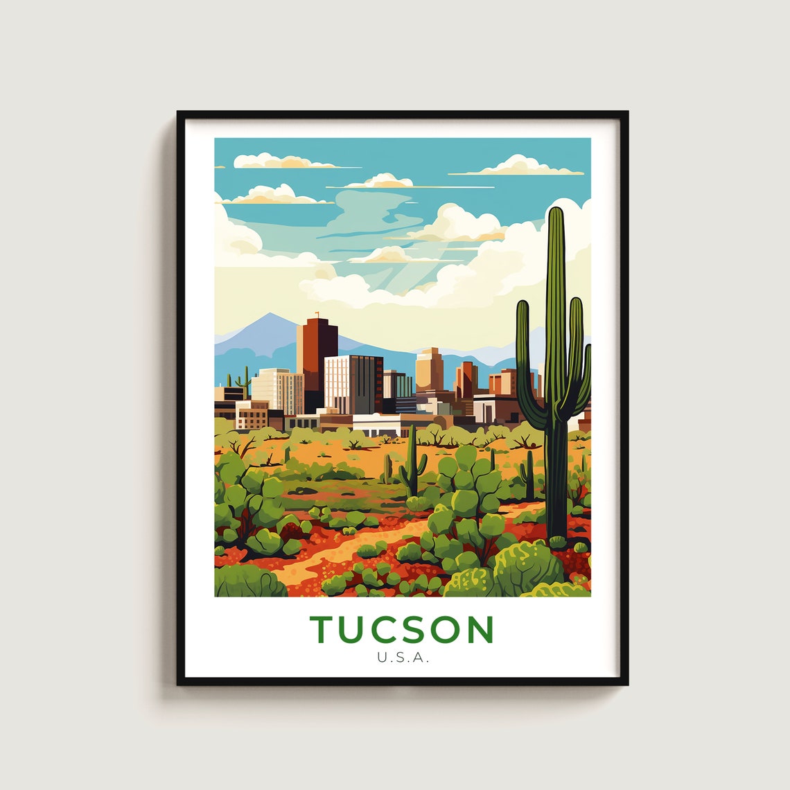 Tucson Arizona Desert Skyline Saguaro Cactus Sunset Travel Poster