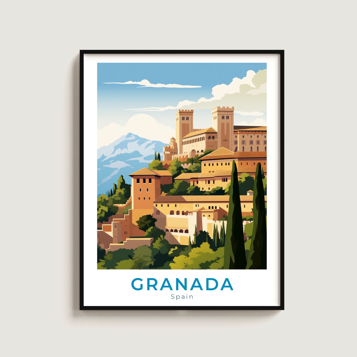 Granada Spain Alhambra Palace Hill Mountain View Travel Poster