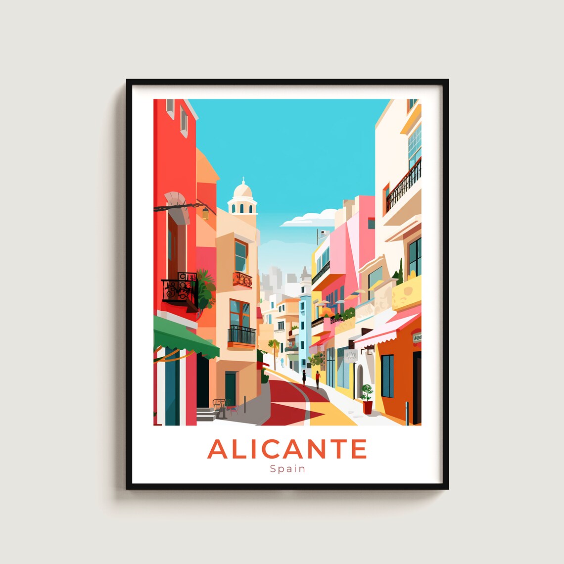 Alicante Spain Colorful Old Town Street Church Tower Travel Poster