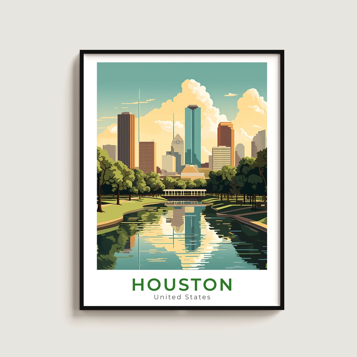 Houston Texas Downtown Skyline Park Lake Reflection Travel Poster