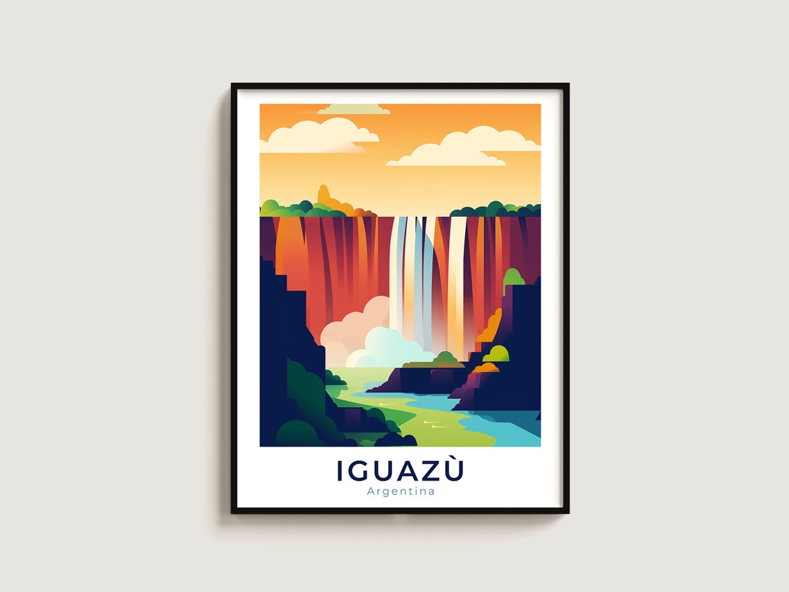 Iguazu Argentina Geometric Waterfall Sunset Cascade Travel Poster