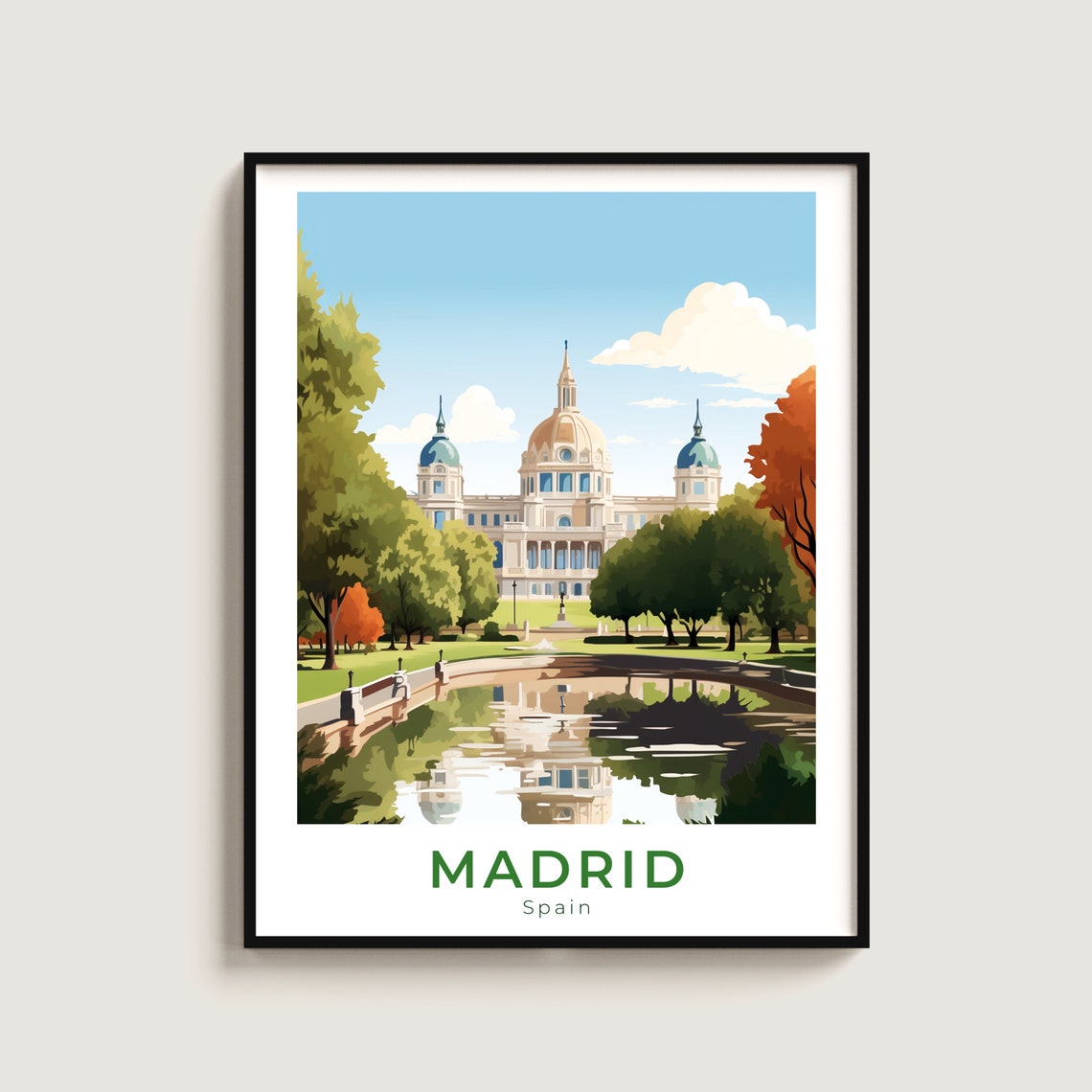 Madrid Spain Domed Palace Park Lake Reflection Travel Poster