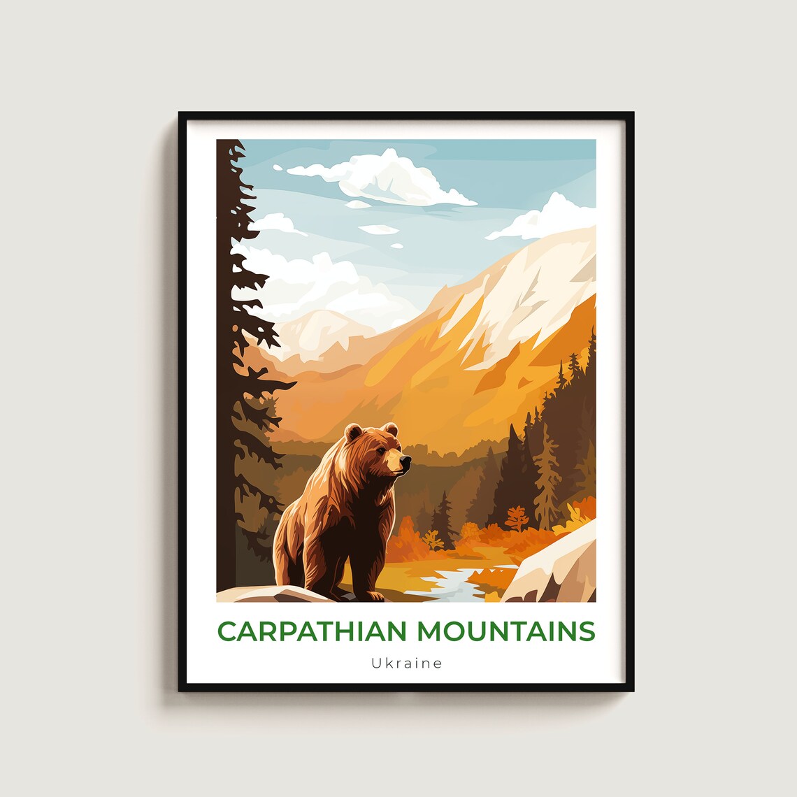 Carpathian Mountains Ukraine Bear Travel Poster for Wildlife Fans
