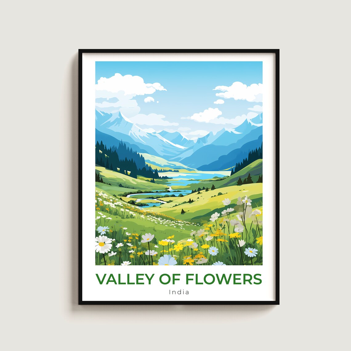Valley of Flowers India Wildflower Meadow Mountain Lake Travel Poster
