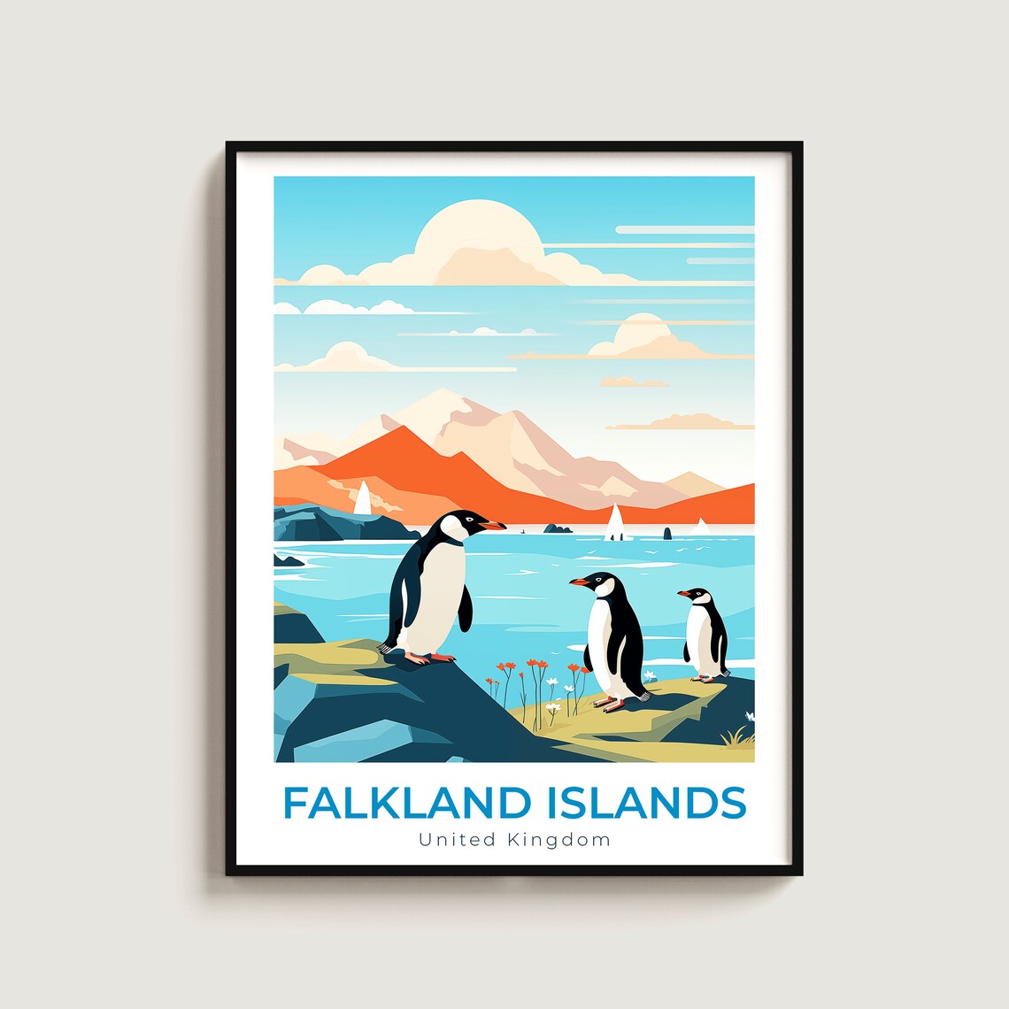 Falkland Islands Penguins Red Mountains Ocean Travel Retro Poster