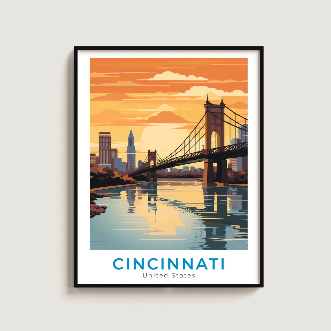Cincinnati Ohio Roebling Bridge Golden Sunset Skyline Travel Poster