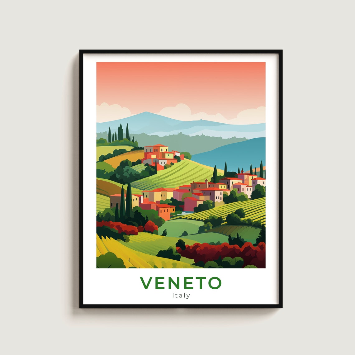 Veneto Italy Travel Poster Hillside Villages Cypress Trees Vineyards