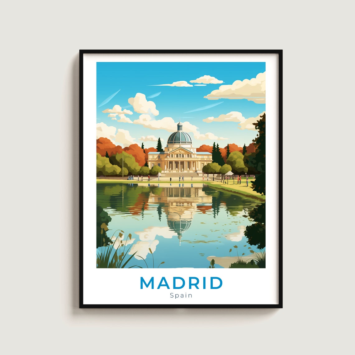 Madrid Spain Palace Lake Reflection Gardens Park Travel Poster