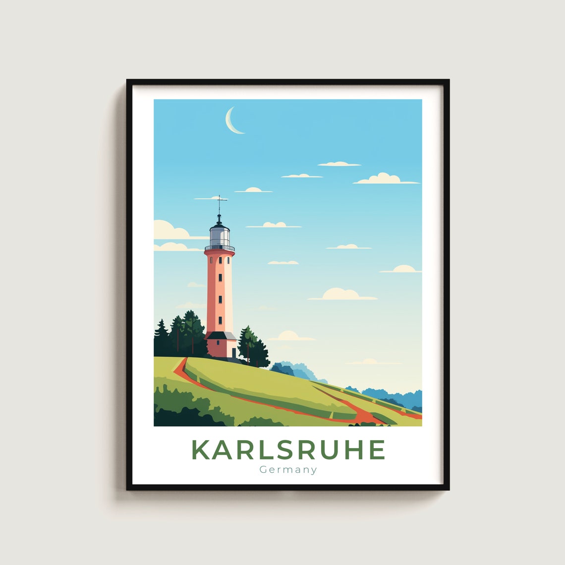 Karlsruhe Germany Red Brick Lookout Tower Green Hill Travel Poster