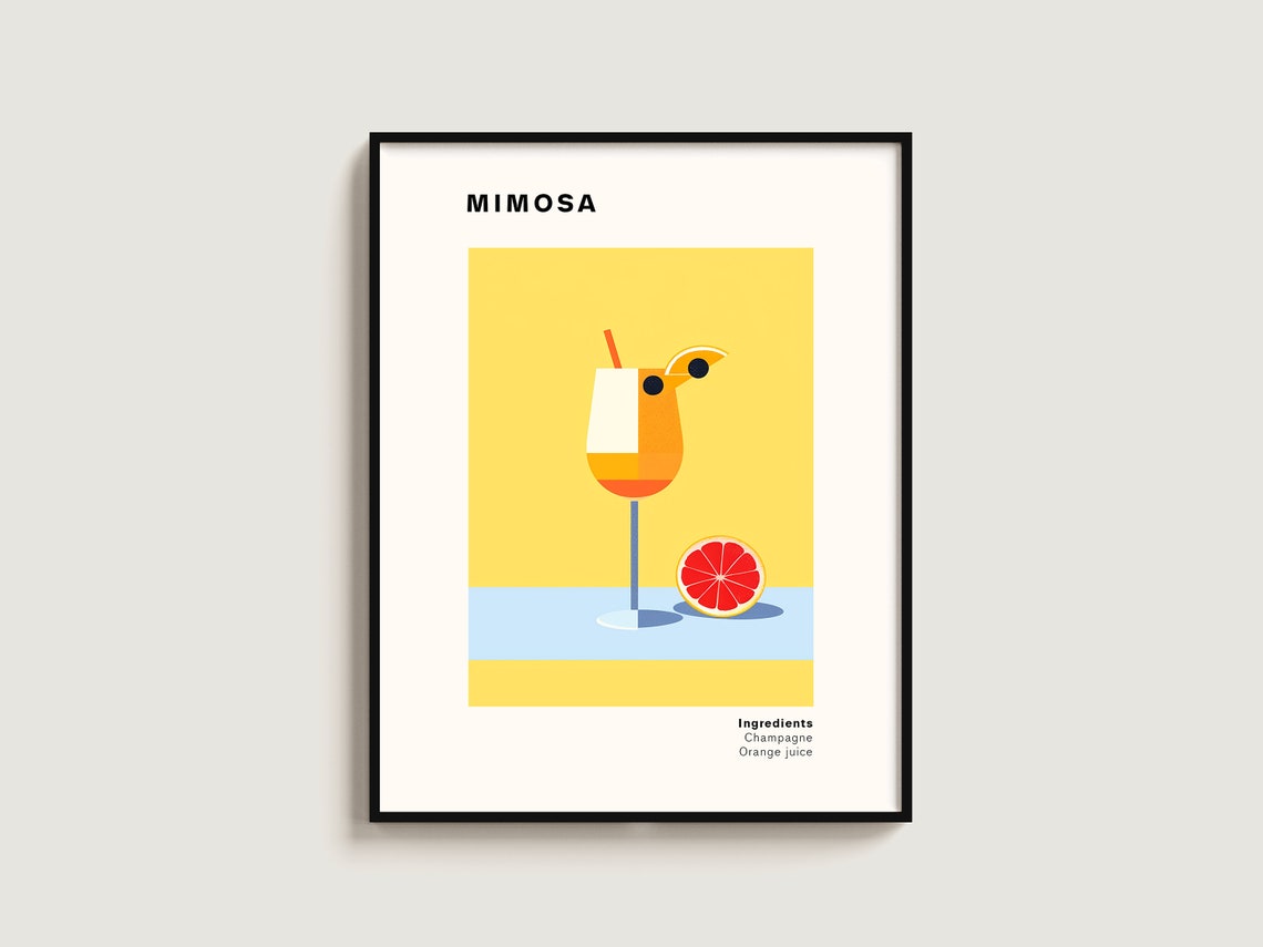 Mimosa Cocktail Minimalist Champagne Orange Recipe Art Poster