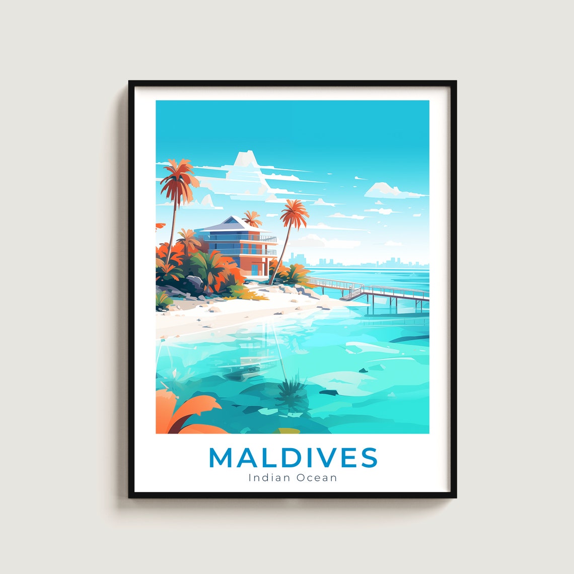 Maldives Indian Ocean Overwater Villa Palm Beach Travel Poster
