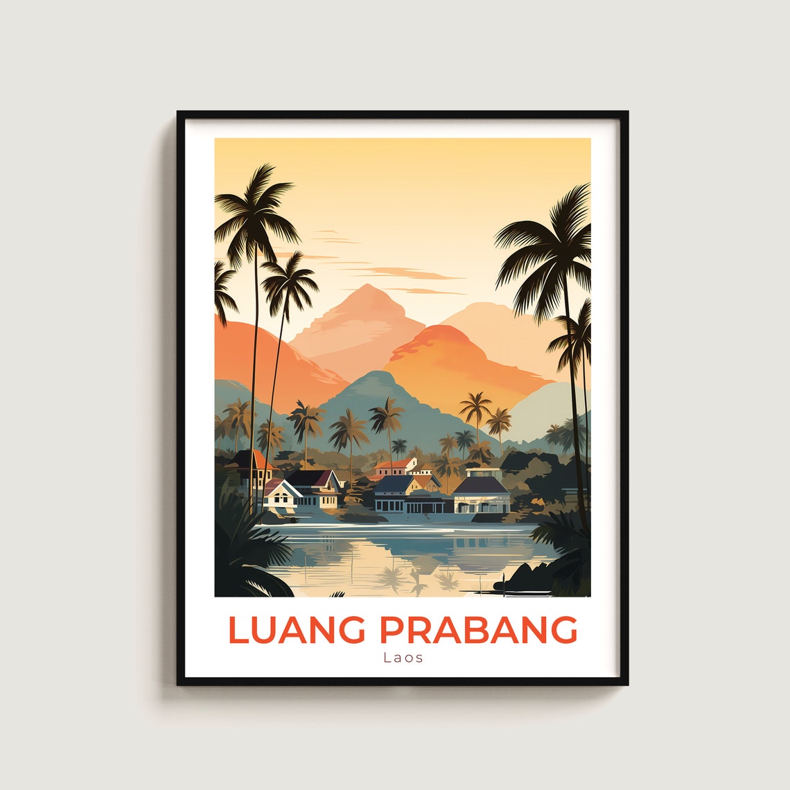 Luang Prabang Laos Mekong River Palm Trees Vintage Travel Poster