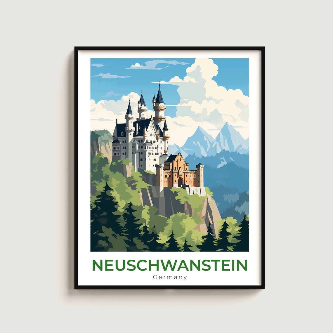 Neuschwanstein Castle Turrets Green Forest Bavarian Alps Travel Poster