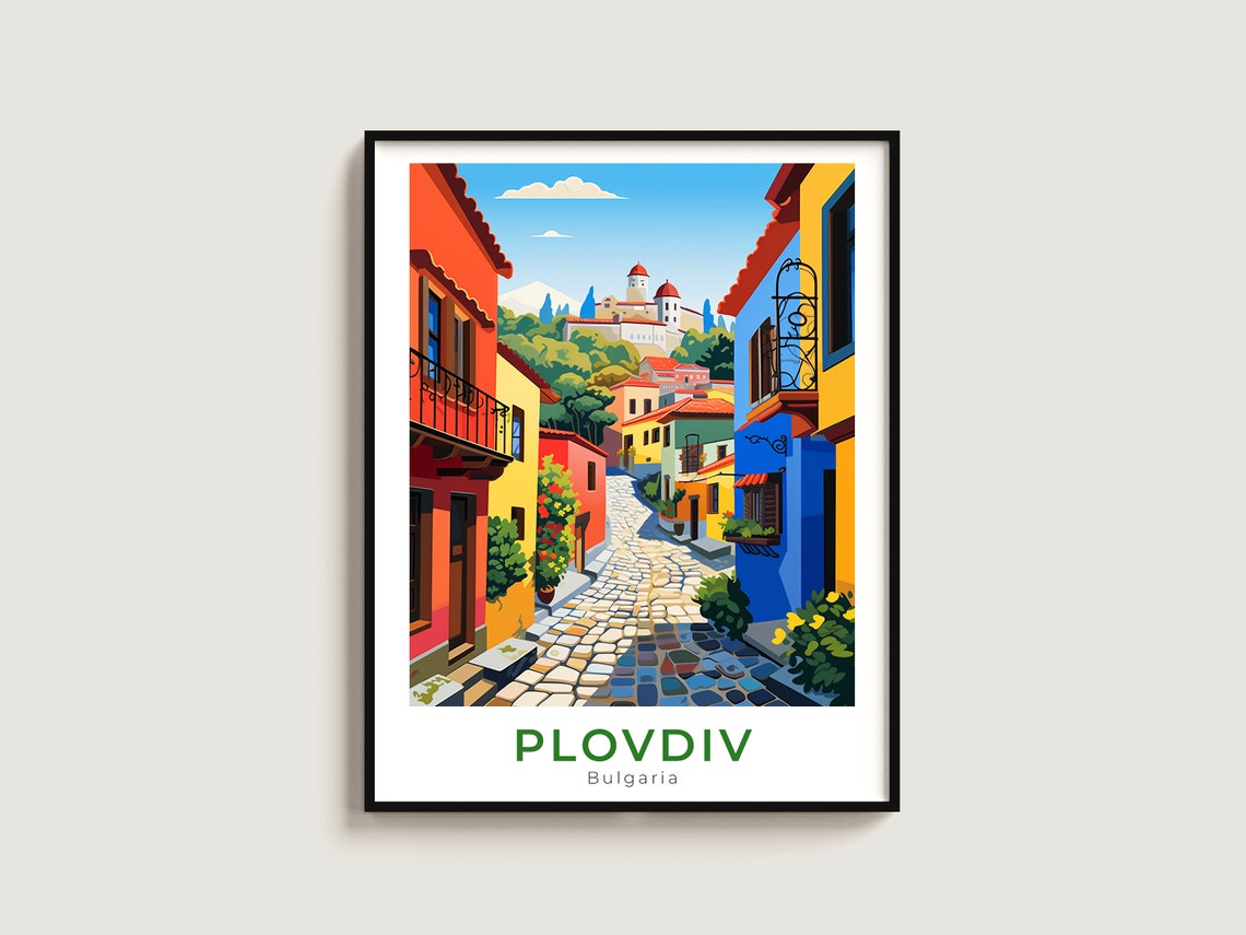 Plovdiv Bulgaria Old Town Cobbled Street Vintage Travel Poster
