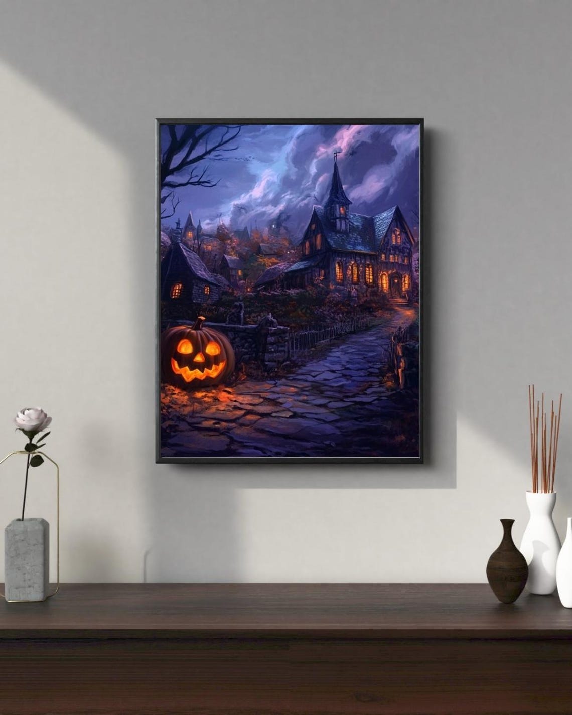 Spooky Halloween Village Jack O Lantern Purple Night Art Print