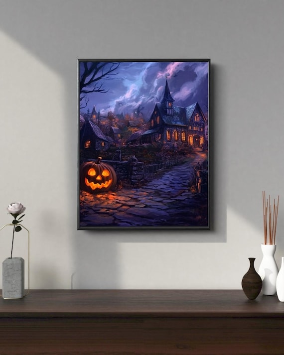 Spooky Halloween Village Jack O Lantern Purple Night Art Print