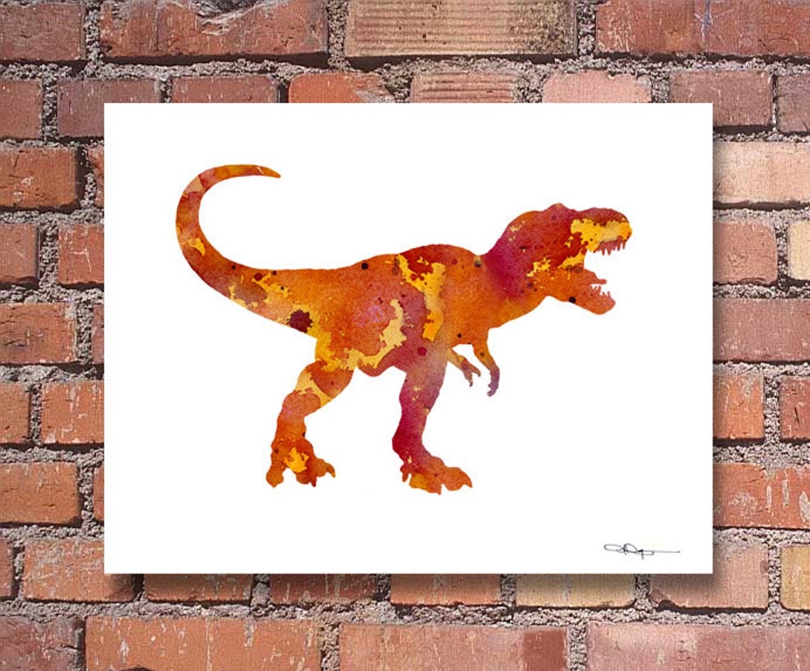 Fiery Red and Orange Watercolor T-Rex Dinosaur Nursery Art Print