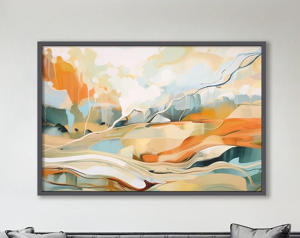 Abstract Wall Art Nature Inspired Landscape Print Orange Teal And White Poster Soft Neutral Colors Home Decor Home Office Decor