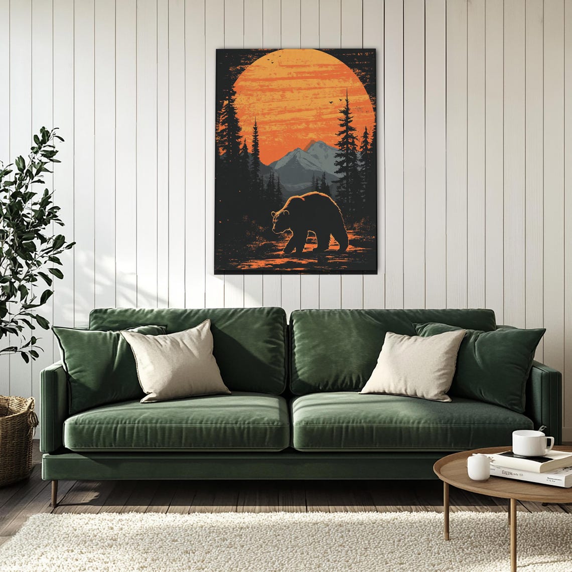 Bear Silhouette at Sunset Over Mountain Forest Rustic Cabin Poster - Image 4