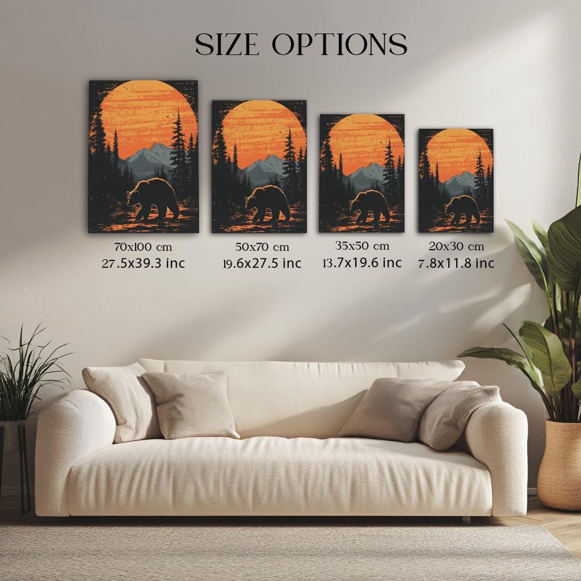 Bear Silhouette at Sunset Over Mountain Forest Rustic Cabin Poster - Image 3