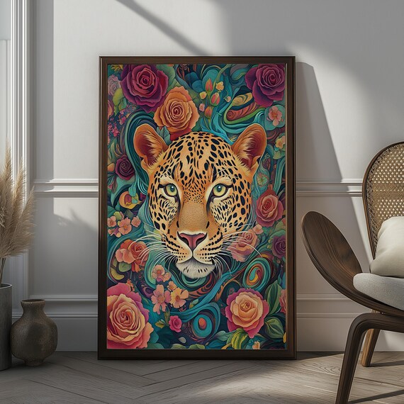 Leopard Face Surrounded by Roses Tropical Maximalist Wall Art