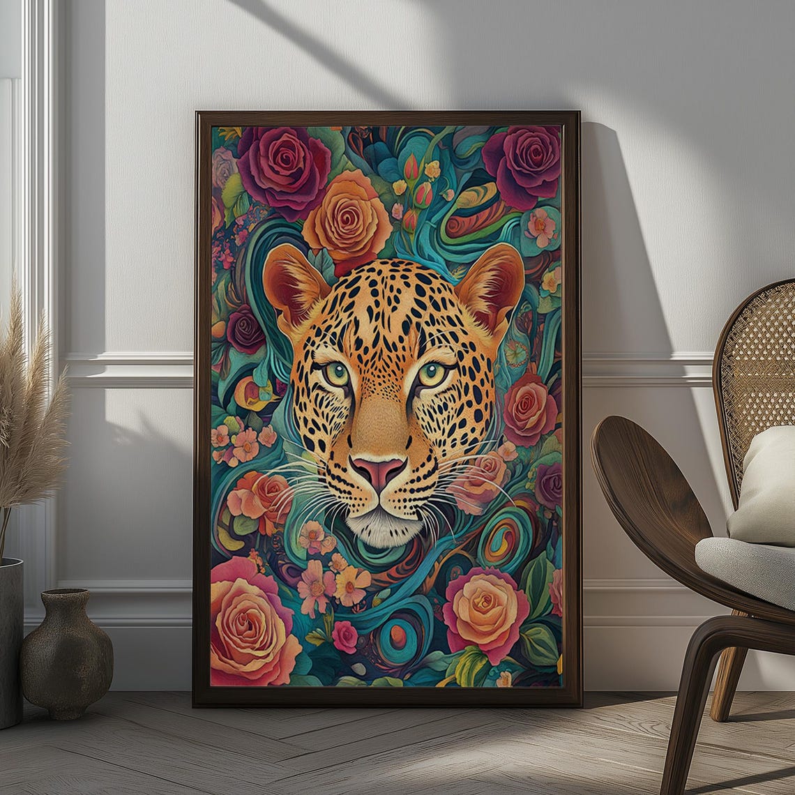 Leopard Face Surrounded by Roses Tropical Maximalist Wall Art