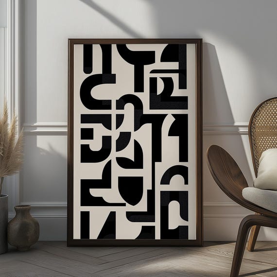 Modern Abstract Geometric Art Print Black And White Minimalist Wall Decor Bold Shapes For Contemporary Living Room Valentines Day Gift