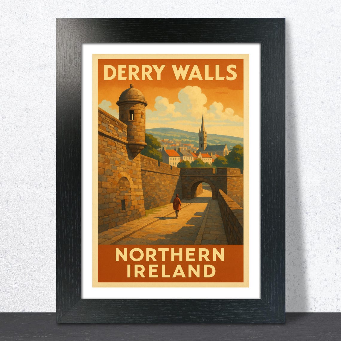Derry Walls Sunset Watchtower Vintage Travel Poster Northern Ireland