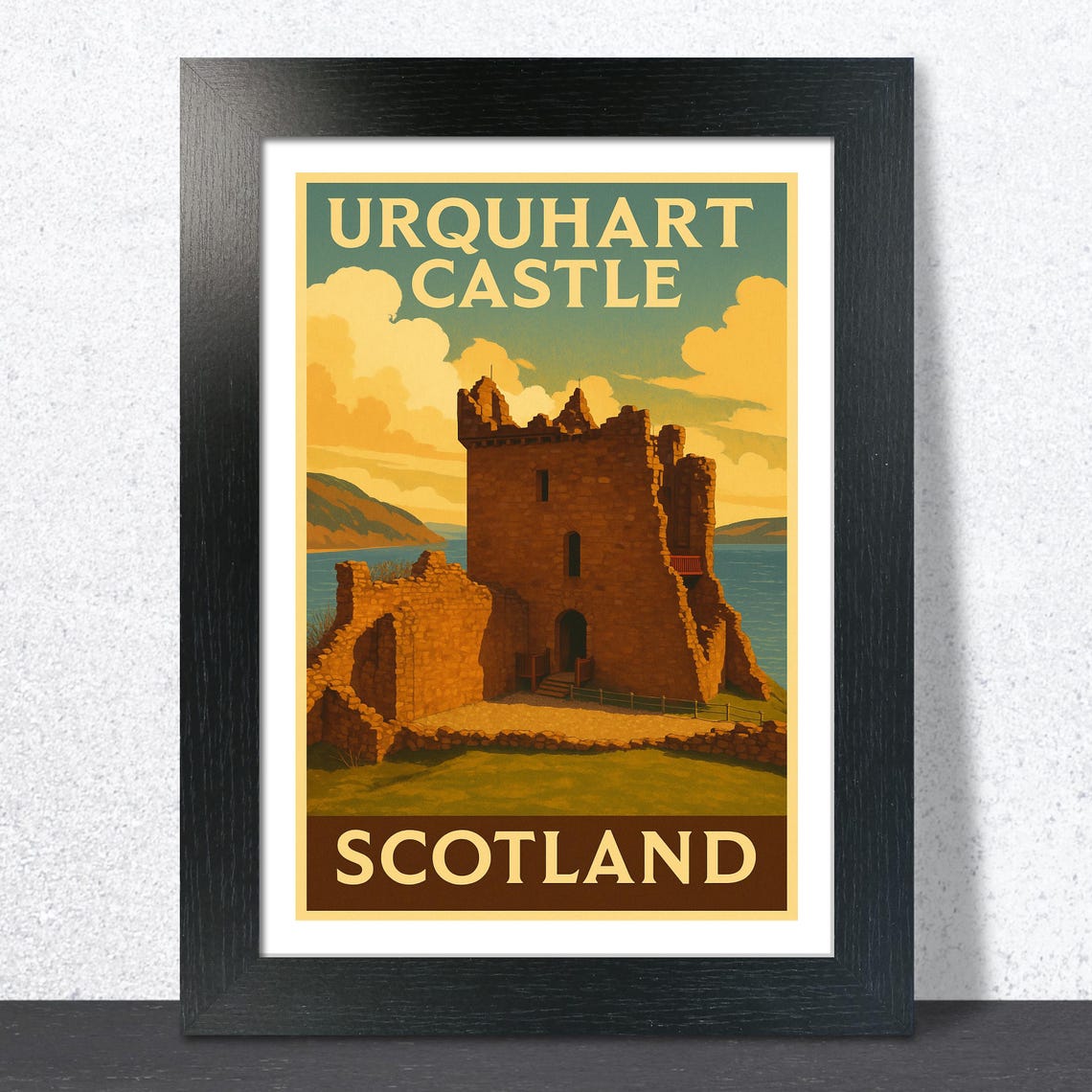 Urquhart Castle Sunset Travel Poster Golden Loch Ness Ruins Scotland