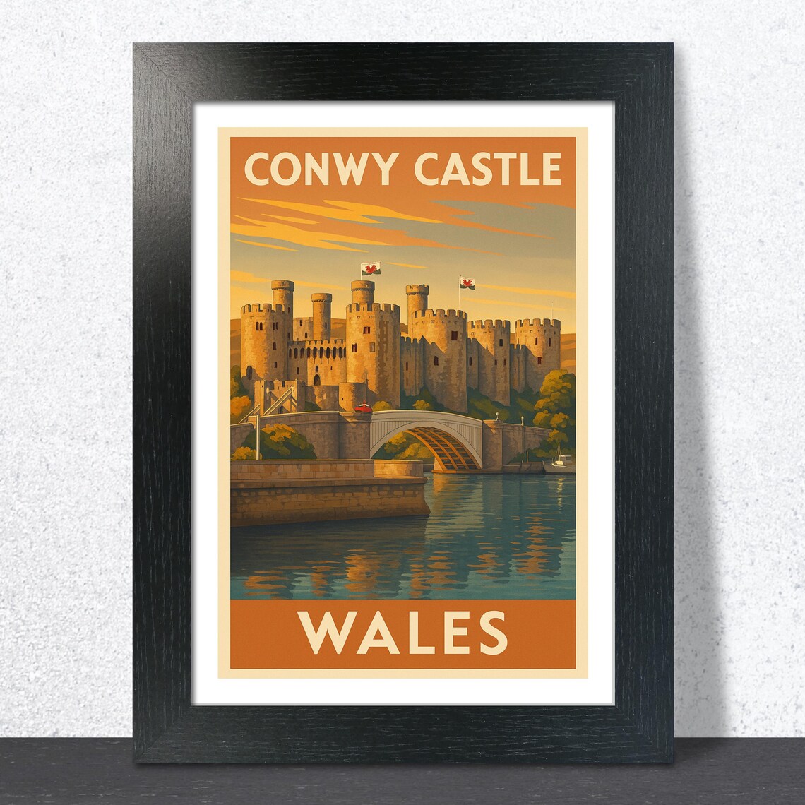 Conwy Castle Wales Vintage Travel Poster Golden Sunset Reflection