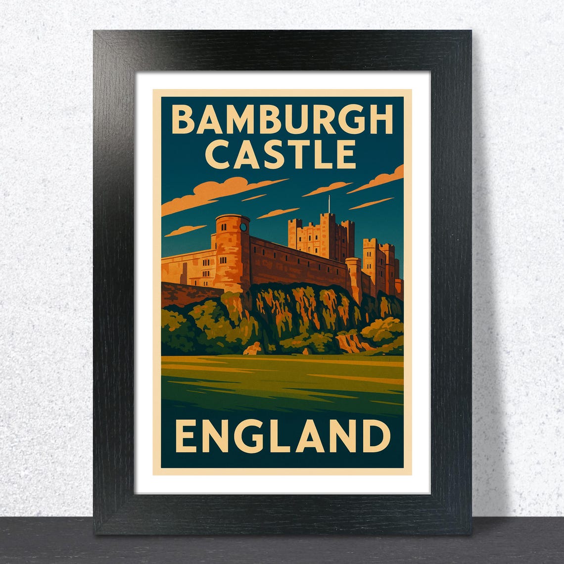 Bamburgh Castle England Cliff Top Night Sky Vintage Travel Poster