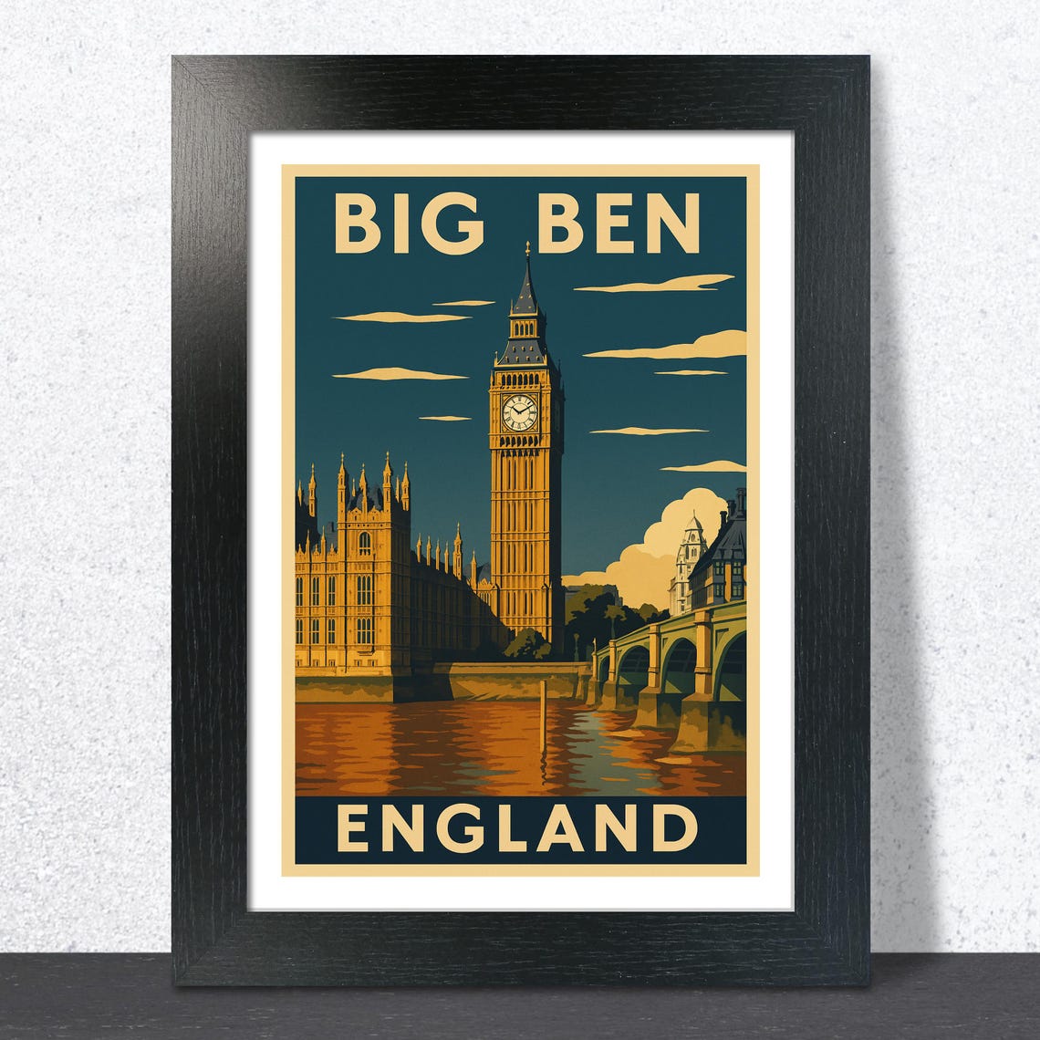 Big Ben London Night Reflections Thames Vintage Travel Poster